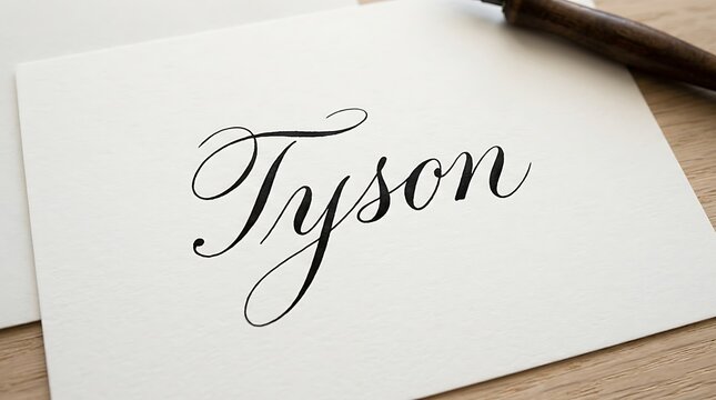 Calligraphy name Tyson written in black ink on a white textured card