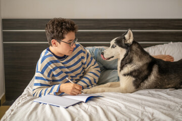 Young student working together with husky lying close, hours nobody counts any more, moment impossible to repeat on second day. Wide shot. Concept of studying together with own dog © iwavephoto