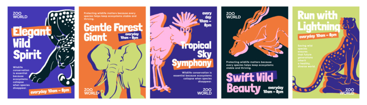 Vintage zoo posters with linocut silhouettes of African animals. Set of zoo flyers with colored silhouettes of savanna wildlife. Safari tours designs with shadows of abstract jungle nature and animals