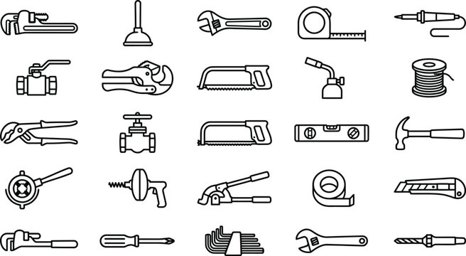 Hand tools and plumbing repair equipment outline icons set construction and maintenance