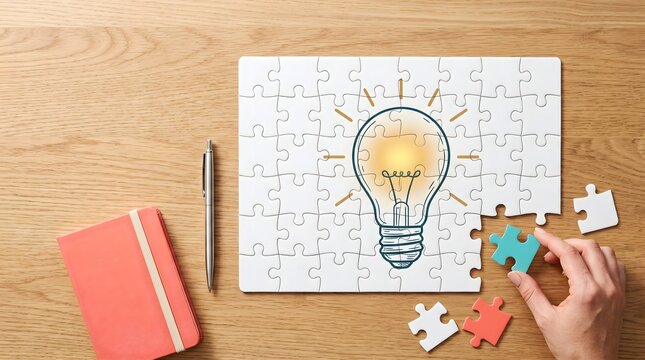 Business innovation concept showing hand placing final puzzle piece to ignite glowing lightbulb idea