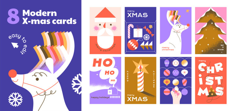 Modern Xmas cards set. Designs of Christmas greeting cards with characters in geometric style. Designs of postcards with geometric patterns. Modern paper gift for Xmas and New Year. Christmas greeting
