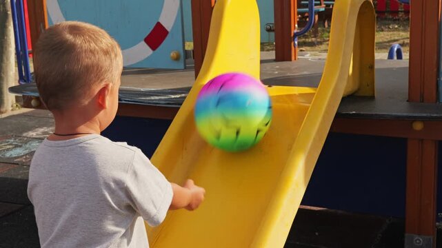 Little toddler boy watching a bright colorful ball roll down a yellow slide on an outdoor playground on a sunny summer day.