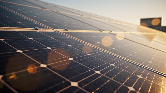 Solar Panel Gleam: Close-up of a solar panel array bathed in the warm, golden light of the sun, showcasing the texture and pattern of the photovoltaic cells with a soft bokeh effect.