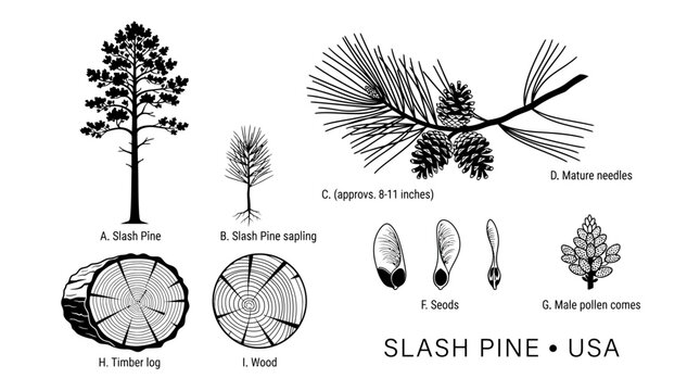 Very beautiful black and white realistic flat vector botanical collection featuring Slash Pine tree, sapling, branch, long needles, winged seeds, pollen cones, wood grain and timber cross-section, lab