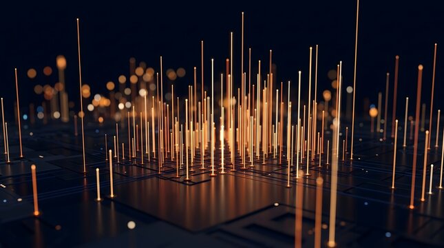 Abstract digital network of glowing orange light lines emerging from a dark futuristic circuit board with bokeh background