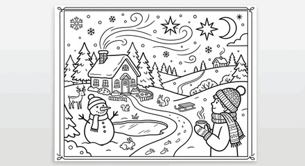 Fototapeta premium Winter scene illustration depicts a cozy cottage and snowy landscape