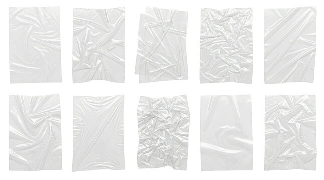 Set of crumpled plastic wrap textures isolated on transparent background