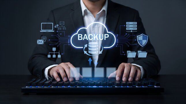 Businessman using keyboard with digital cloud backup and data security icons representing cloud storage data protection and IT infrastructure concepts.