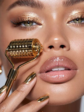 Woman performing a facial massage with a golden roller. Self-care spa treatment, cosmetology concept. Close-up fashion portrait for poster, advertising campaign 