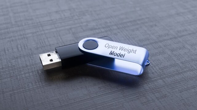 3D render of a USB flash drive with "Open Weight Model" label on the cover. 