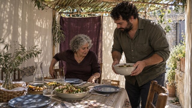 Man holds a large bowl of salad beside an older woman seated at a table, outdoor patio dining area with plates, water glasses, olives, bread, and plants