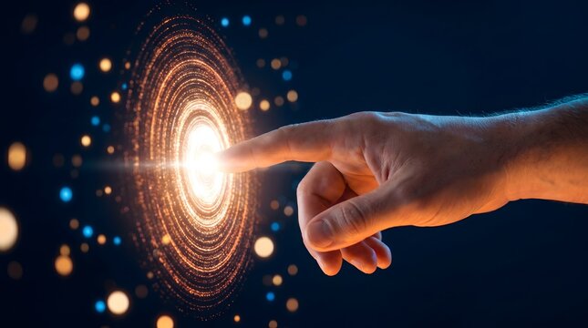 Human hand touching a glowing swirling vortex of light particles representing digital interaction data flow or a gateway to technology and innovation with a dark background.