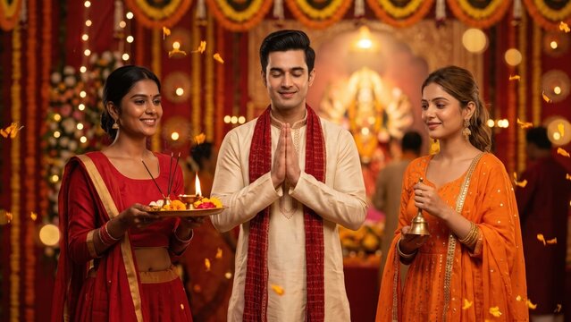 Young Friends Performing Aarti at Navratri Pandal &ndash; Traditional Festive Worship