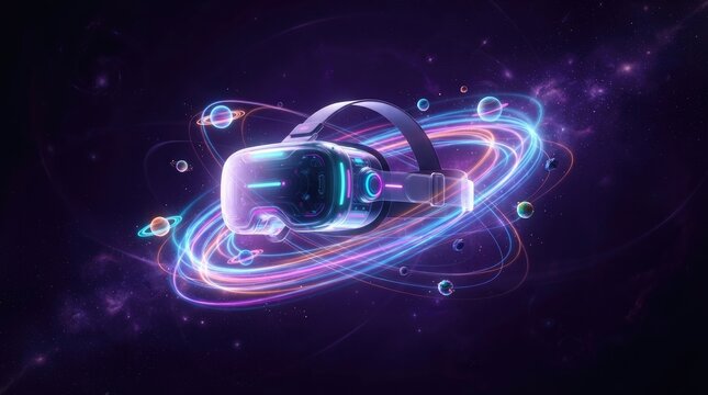 Futuristic VR headset surrounded by glowing neon orbit rings and planets on purple galaxy background, metaverse technology concept