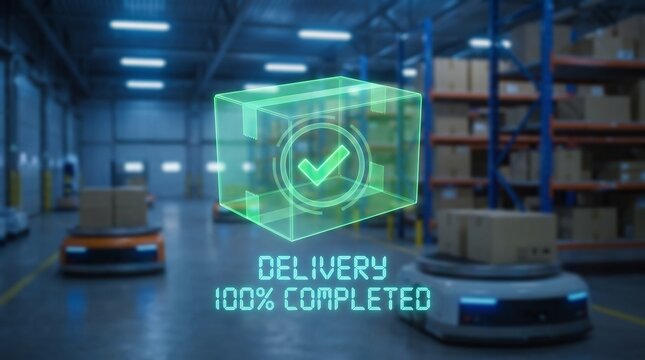 Automated warehouse system with robotic delivery confirmation and glowing digital cube