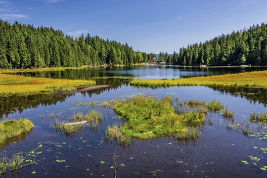 Nature reserve Gro&szlig;er Arbersee with Arberseehaus, Bayerisch-Eisenstein, Karsee, Bavarian Forest, Lower Bavaria, Bavaria, Germany