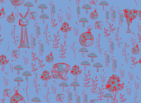 Alice in wonderland doodle pattern on blue