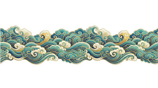 Traditional chinese style decorative wave and cloud border isolated on transparent background