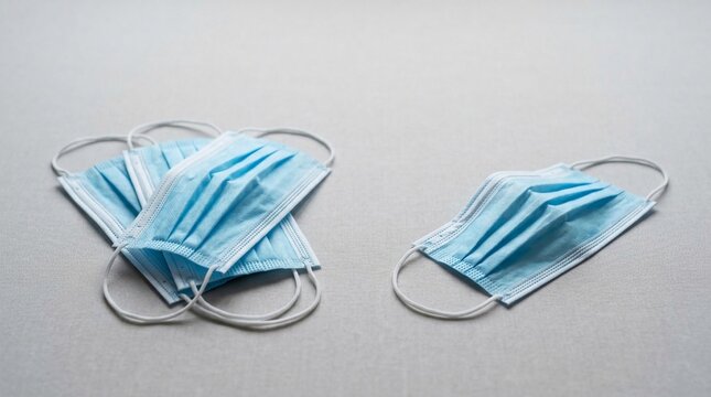 Multiple disposable blue surgical face masks, some stacked and one isolated, symbolizing health and safety against outbreaks.