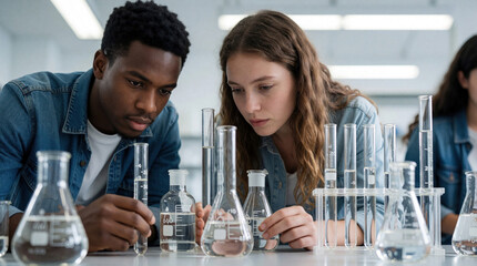 Naklejka na ściany i meble Two college students perform chemistry experiment in university lab. Young man, woman study glassware with liquid inside. Diverse students focus on scientific research using test tubes, flasks. Group