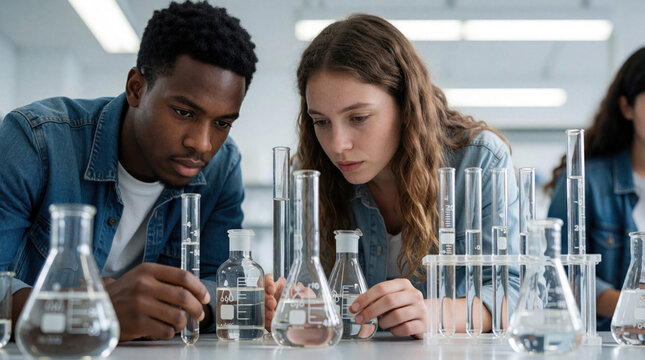 Two college students perform chemistry experiment in university lab. Young man, woman study glassware with liquid inside. Diverse students focus on scientific research using test tubes, flasks. Group