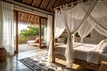 Fototapeta premium Luxury wooden bedroom interior in tropical beach villa. Rustic canopy bed with white curtains, comfy pillows. Glass sliding doors open to sunny balcony with lounge chair. Cozy summer vacation home