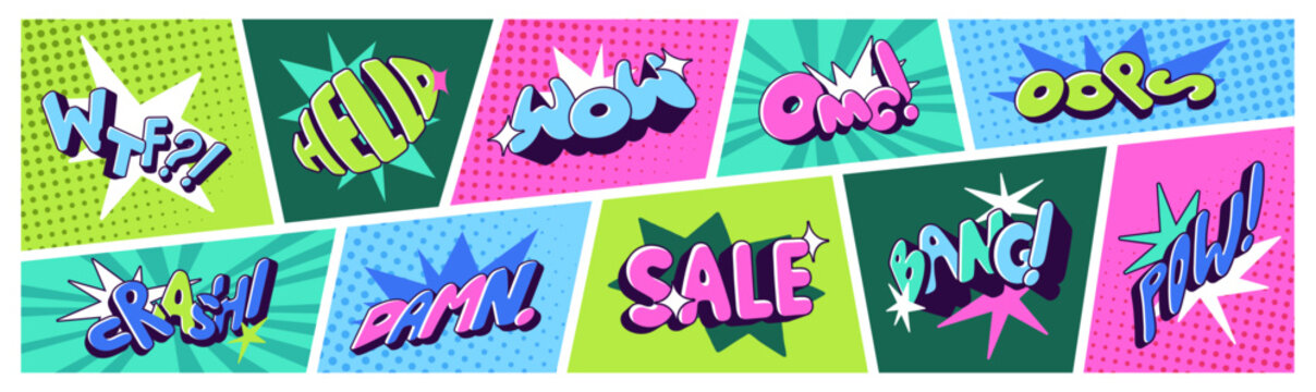 Collage with set of comic sound effects. Pop art banner with cartoon speech bubbles. Comic sound effects in frames with shapes of boom, star and explosion. Text of onomatopoeia with WOW, POW and OMG