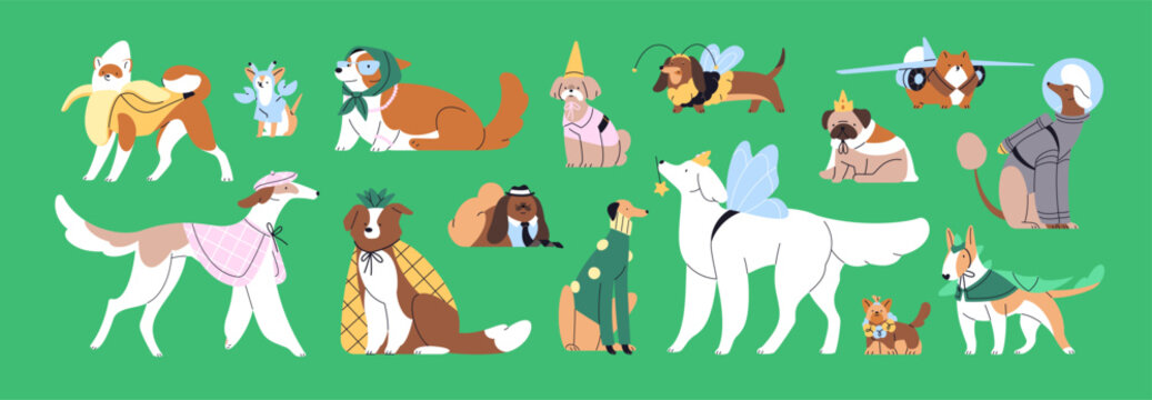 Dogs wearing clothes set. Cartoon puppies of different breeds in comic costumes for Halloween party. Cute dogs in funny dresses. Funny pets in fashion clothes and musing outfits for walking