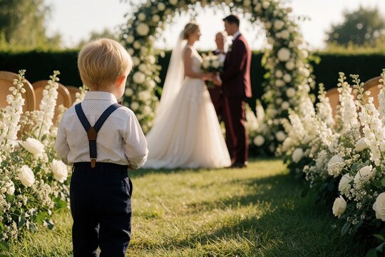 Cute little boy in suspenders watches wedding ceremony in garden. Newlyweds stand under floral arch during marriage ritual. Small child looks at bride, groom at outdoor summer wedding. Romantic
