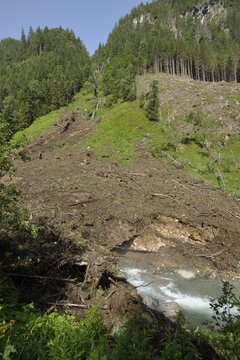 Huge avalanche remains in Strieglerbach, Naturpark Soelktoeler nature park, Schladminger Tauern mountains, Styria, Austria, Europe