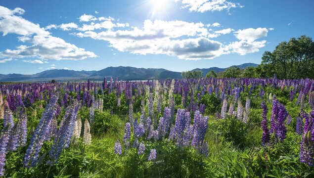Purple large-leaved lupins (Lupinus polyphyllus), Lake Tekapo in front of Southern Alps, Canterbury, South Island, New Zealand