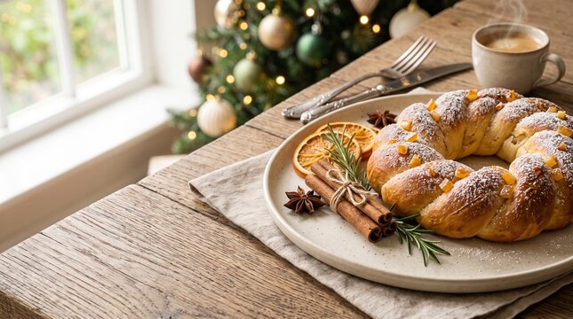Christmas breakfast with braided bread on a wooden table by the window