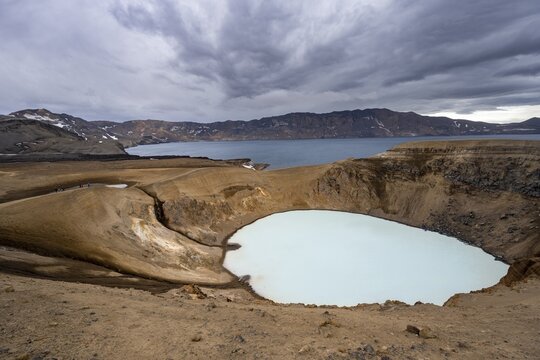 Crater lake V&iacute;ti and &Ouml;skjuvatn in the crater of the Askja volcano, volcanic landscape, Dyngjufj&ouml;ll mountain massif, Icelandic highlands, Vatnaj&ouml;kull National Park, Iceland