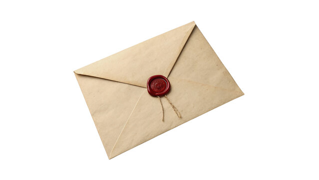 Blank craft paper envelope tied with string and wax seal isolated on transparent background