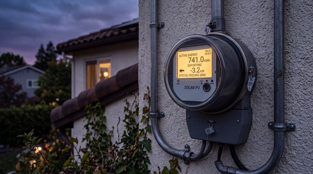 Solar utility meter exporting energy to grid on stucco house at twilight