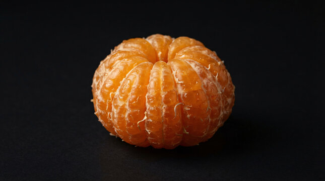 A vibrant peeled mandarin orange fruit sits centered with clearly defined juicy citrus segments and delicate white albedo fibers visible on the textured surface Isolated on transparent background