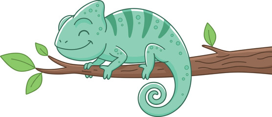 Fototapeta premium Cute Green Chameleon Lizard Character Sitting on Tree Branch Vector Illustration Isolated on White Background for Kids Book Nature and Wild Animal Graphic Designs