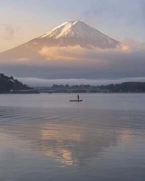 Single fisherman on Lake Kawaguchiko, Japan
