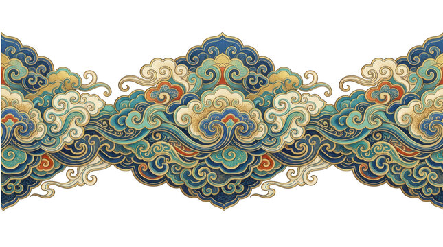 Traditional chinese cloud and wave pattern border isolated on transparent background