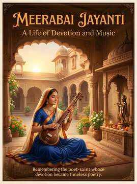 Woman playing sitar in a temple courtyard