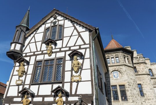 Half-half-timbered house house, medieval gables and roof, Lichtenstein Castle, Baden-W&uuml;rttemberg, Germany