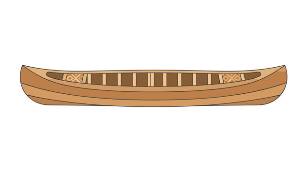Traditional wooden canoe with decorative geometric patterns on the interior seating panels isolated on a white background.