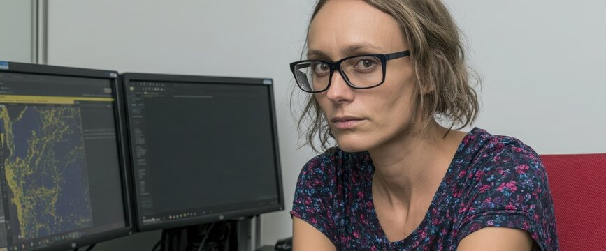 A woman with glasses sitting in front of computer monitors at a desk in an office