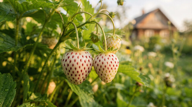 Two ripe pineberries hanging from a leafy plant with their distinctive white flesh and red seeds prominently featured in this detailed close-up shot Isolated on transparent background