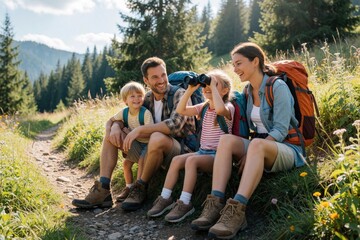 Obraz premium Happy family with small kids rests on mountain trail during summer hiking trip. Father, mother, son, daughter sit on grass by forest path. Girl uses binoculars to watch nature. Parents smile children