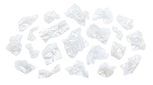 Collection of crumpled transparent plastic bags isolated on transparent background