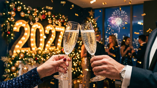 Brindis de Nochevieja para recibir 2027 con copas elegantes, luces doradas, decoraci&oacute;n navide&ntilde;a y fuegos artificiales sobre fondo oscuro.