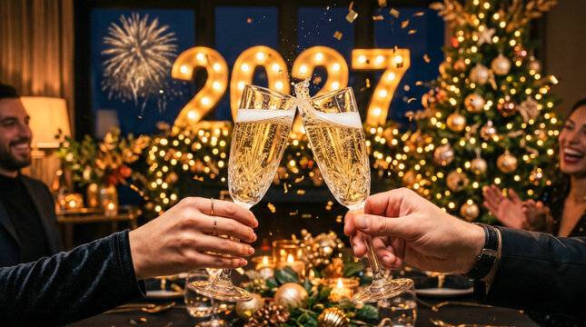 Brindis de Nochevieja para recibir 2027 con copas elegantes, luces doradas, decoraci&oacute;n navide&ntilde;a y fuegos artificiales sobre fondo oscuro.