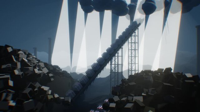 Industrial conveyor elevator carries metal cages up into volumetric light beams above a dark scrap heap in a 3D animation